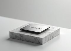 Altendra-ltd branding on modern metallic plaque over marble platform with clean white background in luxury tech style