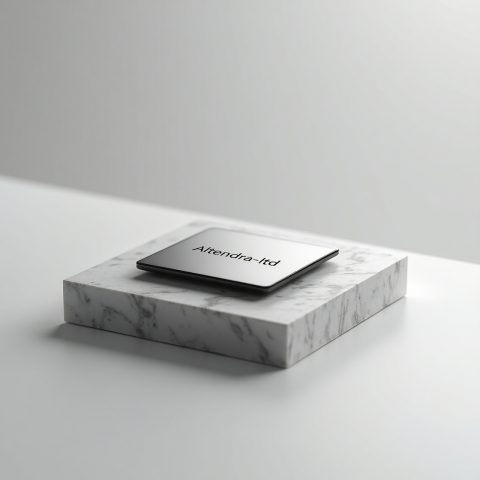 Altendra-ltd branding on modern metallic plaque over marble platform with clean white background in luxury tech style
