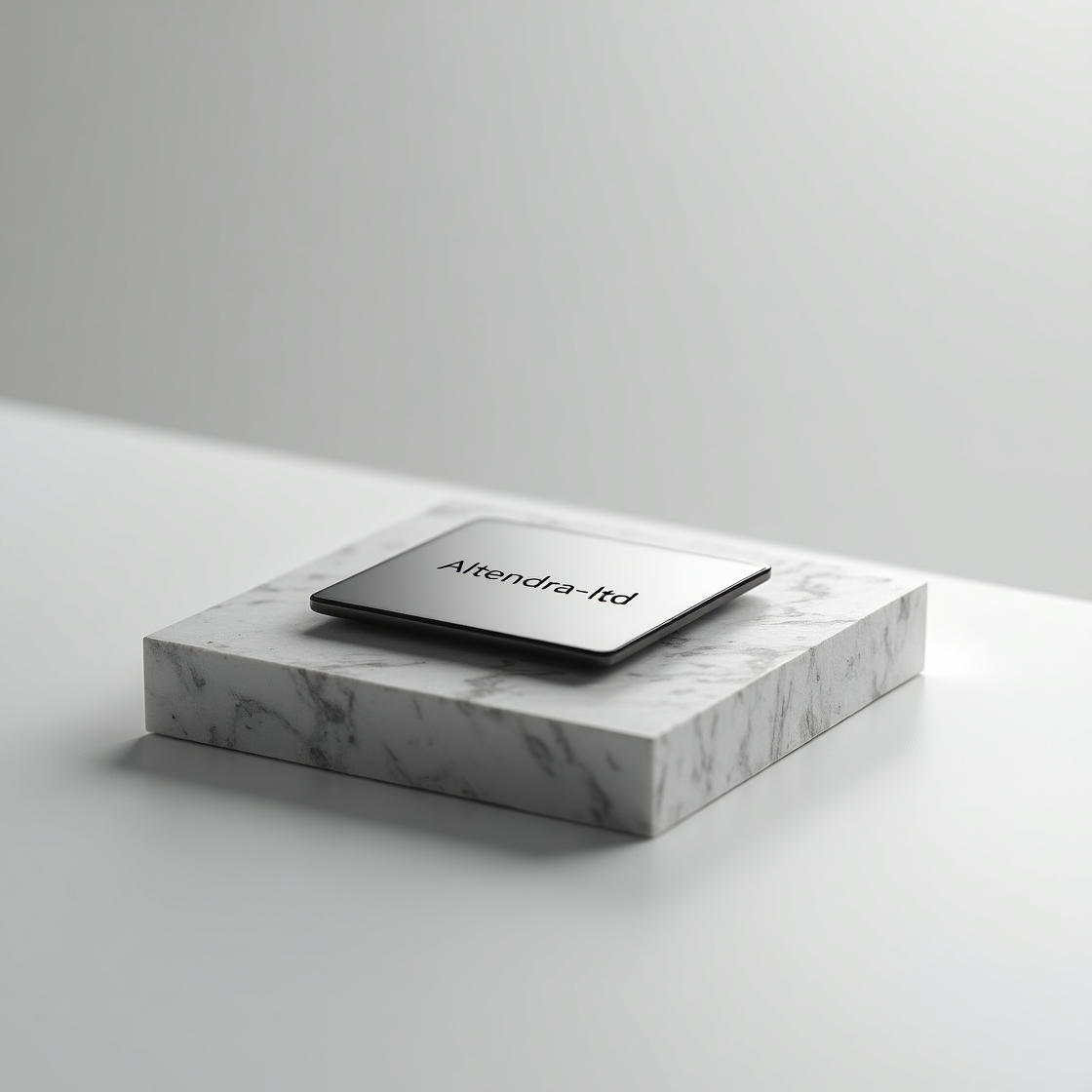 Altendra-ltd branding on modern metallic plaque over marble platform with clean white background in luxury tech style